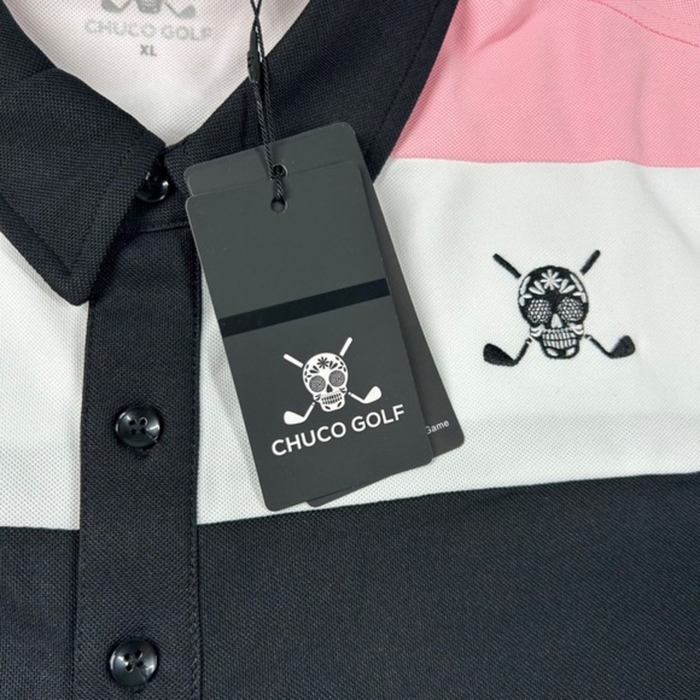 Chuco Golf Shirt Mens XL Performance Skull Pique Striped Color Block Pink Black - Picture 4 of 9